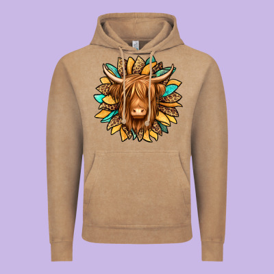 Highland Cow Turquoise Sunflower Vintage Hoodie Designed By Jasminsmagicworld