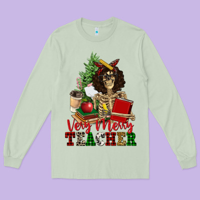 Very Merry Teacher Skeleton Long Sleeve Tee Designed By Nancycooperartshop