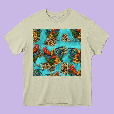 Rooster And Sunflowers Seamless Pattern Heavy Core Tee Designed By Hra Design Shop