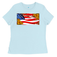 Baby Blue usa flag and sunflower license plate Ladies Tee - HRA Design Shop