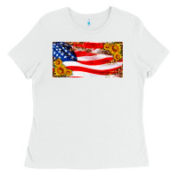 White usa flag and sunflower license plate Ladies Tee - HRA Design Shop