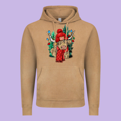 Red Christmas Long Haired Cow Vintage Hoodie Designed By Nancycooperartshop
