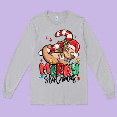 Merry Slothmas Long Sleeve Tee Designed By Maliassmallbusiness