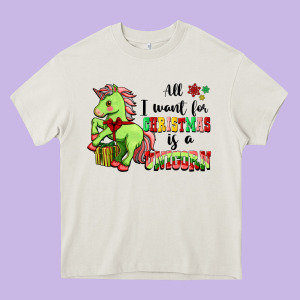 All I Want For Christmas Is A Unicorn Heavy Core Tee Designed By Fadigitalartstudio
