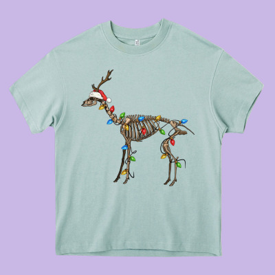 Christmas Deer Skeleton Heavy Core Tee Designed By Fadigitalartstudio