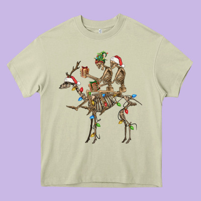 Christmas Deer And Skeletons Heavy Core Tee Designed By Fadigitalartstudio