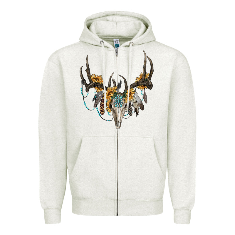Boho Deer Skull Sunflowers And Gemstone Zipper Hoodie by RanaPortraitStore | Teevron