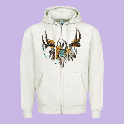 Boho Deer Skull Sunflowers And Gemstone Zipper Hoodie Designed By Ranaportraitstore