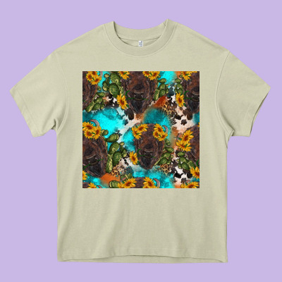 Western Bison And Sunflowers Seamless Pattern Heavy Core Tee Designed By Hra Design Shop