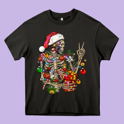 Christmas Lights And Skeleton Heavy Core Tee Designed By Fadigitalartstudio
