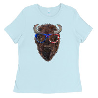 Baby Blue bison with american flag glasses Ladies Tee - RanaPortraitStore