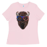 Bison With American Flag Glasses Ladies Tee | Teevron