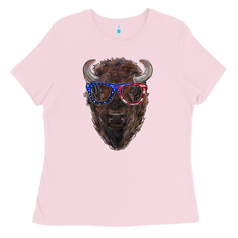 Bison With American Flag Glasses Ladies Tee by RanaPortraitStore | Teevron