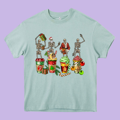 Christmas Skeleton Coffee Cups Heavy Core Tee Designed By Fadigitalartstudio
