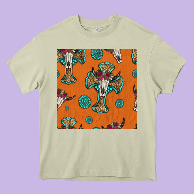 Western Cross And Bull Skull Seamless Pattern Heavy Core Tee Designed By Hra Design Shop