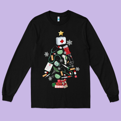 Nurse Christmas Tree Long Sleeve Tee Designed By Maliassmallbusiness