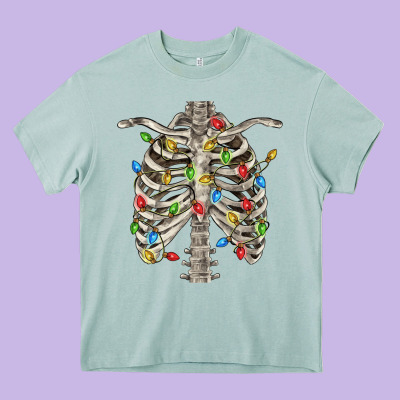 Christmas Rib Cage Heavy Core Tee Designed By Fadigitalartstudio