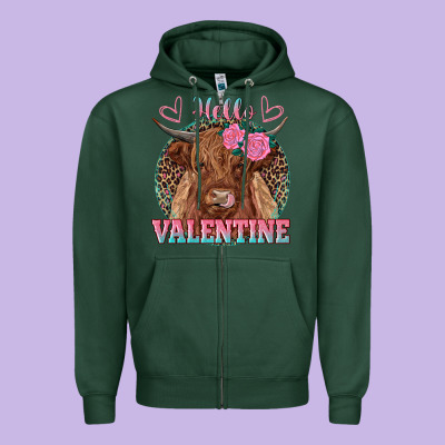 Hello Valentine Highland Cow Zipper Hoodie Designed By Ranaportraitstore