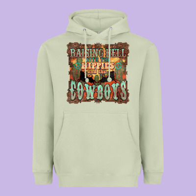 Raising Hell With The Hippies And The Cowboys Heavyweight Hoodie Designed By Howdyjamesfarm