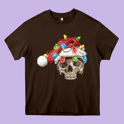 Christmas Skull With Santa Hat Heavy Core Tee Designed By Fadigitalartstudio