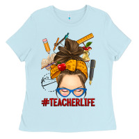 Baby Blue messy bun teacher life Ladies Tee - RanaPortraitStore