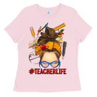 Bubblegum Pink messy bun teacher life Ladies Tee - RanaPortraitStore