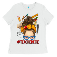 White messy bun teacher life Ladies Tee - RanaPortraitStore