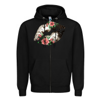 Black Cowhide And Flowers Lips Zipper Hoodie - Bettercallsaul