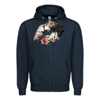 Navy Cowhide And Flowers Lips Zipper Hoodie - Bettercallsaul