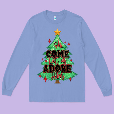 Oh Come Let Us Adore Him Christmas Tree Long Sleeve Tee Designed By Maliassmallbusiness