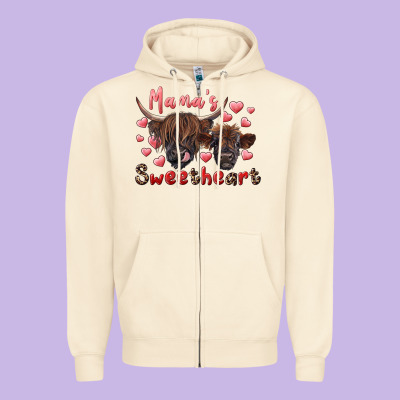 Mama's Sweetheart Highland Cow And Calf Zipper Hoodie Designed By Ranaportraitstore