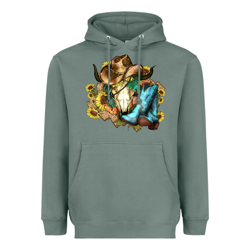 Cow Skull Cowboy Boots Hats Sunflowers Heavyweight Hoodie by HowdyJamesFarm | Teevron