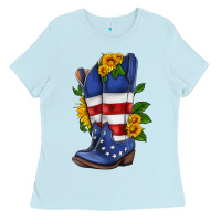 Baby Blue american cowboy boot with sunflower Ladies Tee - HRA Design Shop