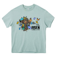 Arona he is risen matthew 28 6 cross with butterflies cowhide background Heavy Core Tee - BarkalooDesign