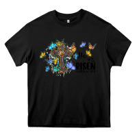 Black he is risen matthew 28 6 cross with butterflies cowhide background Heavy Core Tee - BarkalooDesign