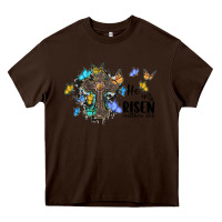 Chocolate Brown he is risen matthew 28 6 cross with butterflies cowhide background Heavy Core Tee - BarkalooDesign