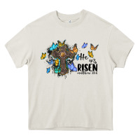 He Is Risen Matthew 28 6 Cross With Butterflies Cowhide Background Heavy Core Tee | Teevron