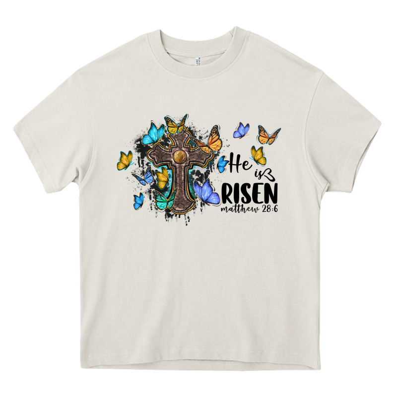 He Is Risen Matthew 28 6 Cross With Butterflies Cowhide Background Heavy Core Tee by BarkalooDesign | Teevron