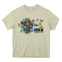Mossy he is risen matthew 28 6 cross with butterflies cowhide background Heavy Core Tee - BarkalooDesign
