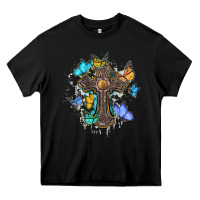 Black cross with butterflies cowhide background Heavy Core Tee - BarkalooDesign