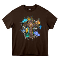 Chocolate Brown cross with butterflies cowhide background Heavy Core Tee - BarkalooDesign