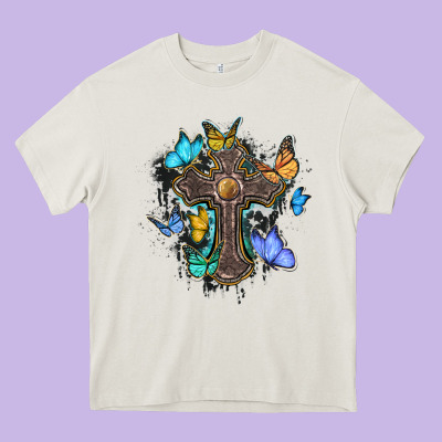 Cross With Butterflies Cowhide Background Heavy Core Tee Designed By Barkaloodesign
