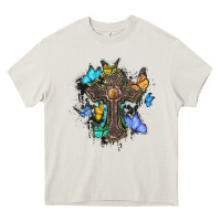 Cream cross with butterflies cowhide background Heavy Core Tee - BarkalooDesign