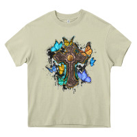 Mossy cross with butterflies cowhide background Heavy Core Tee - BarkalooDesign