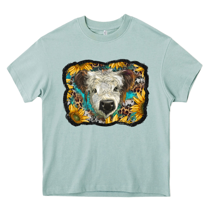 White Scottish Calf With Sunflowers Western  Background Heavy Core Tee by BarkalooDesign | Teevron