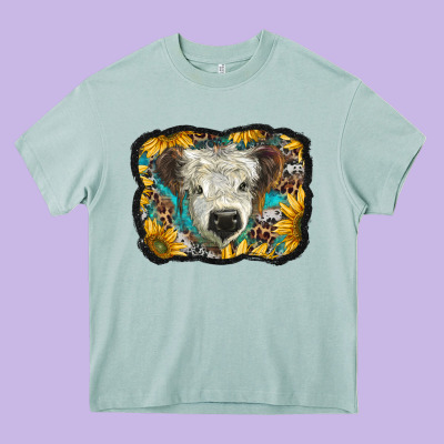 White Scottish Calf With Sunflowers Western  Background Heavy Core Tee Designed By Barkaloodesign