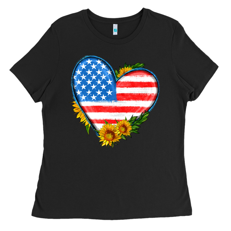 Usa Flag Heart With Sunflower Ladies Tee by HRA Design Shop | Teevron