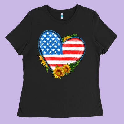 Usa Flag Heart With Sunflower Ladies Tee Designed By Hra Design Shop
