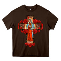 Chocolate Brown lady of guadalupe rose cross, Heavy Core Tee - BarkalooDesign
