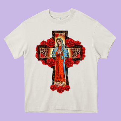 Lady Of Guadalupe Rose Cross, Heavy Core Tee Designed By Barkaloodesign